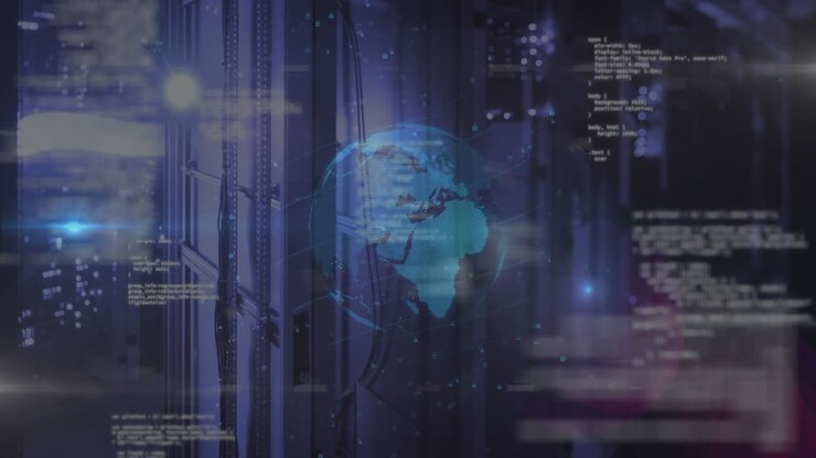 In server room, digital globe and coding animation displaying technology concept