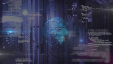 In server room, digital globe and coding animation displaying technology concept