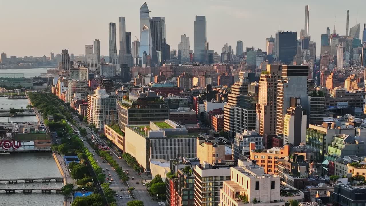 Drone view captures vibrant New York City skyline and waterfront