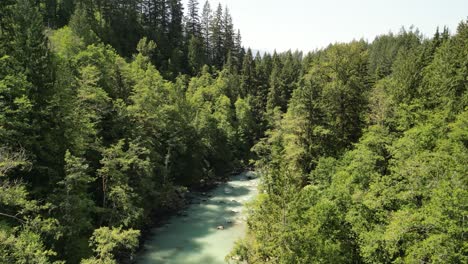 Aerial-ascent-of-forested-Mamquam-River,-BC,-Canada