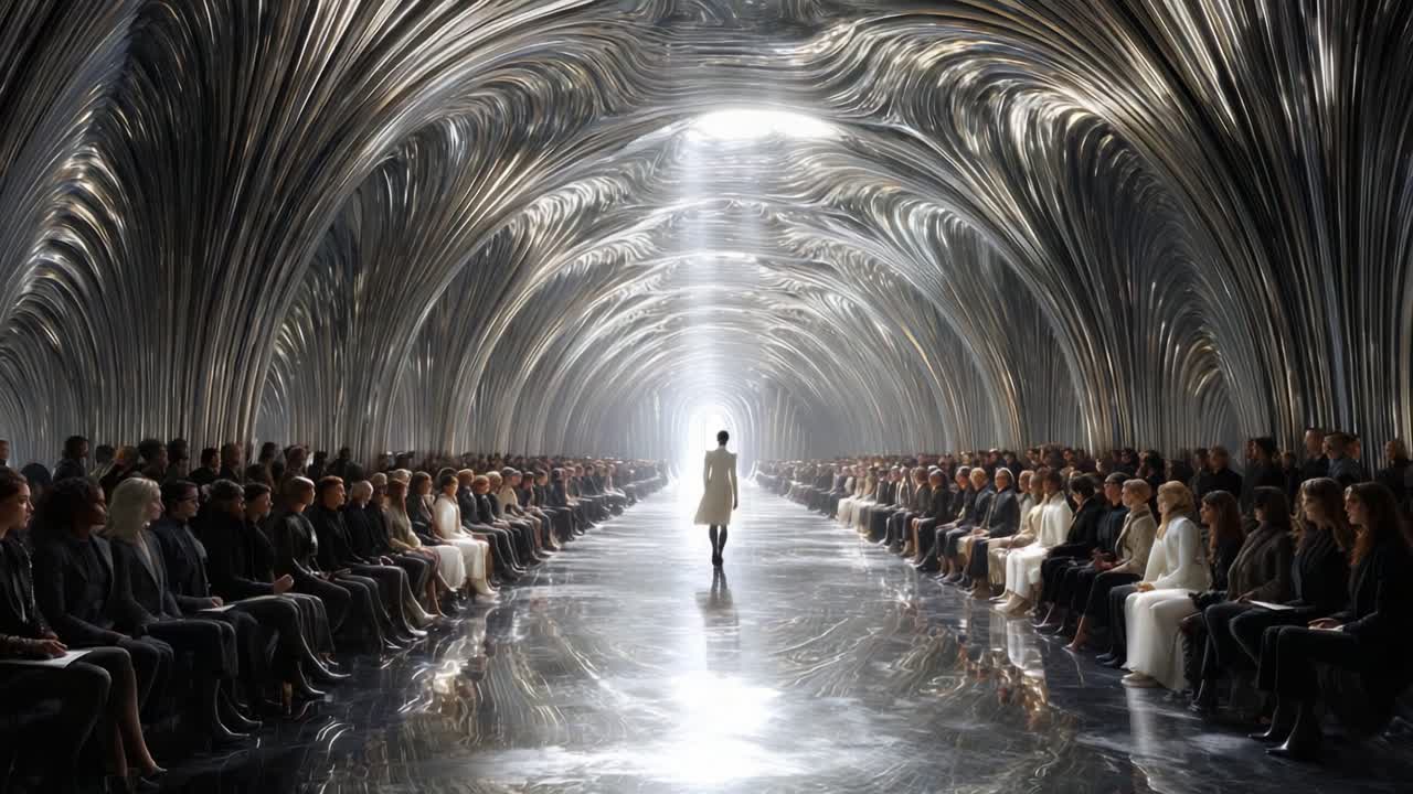 A Spectacularly Choreographed Gathering in a Majestic Hall with Intricate Metallic Architecture, Where a Sole Figure Commands Attention Amidst a Sea of Observers in Elegant Attire