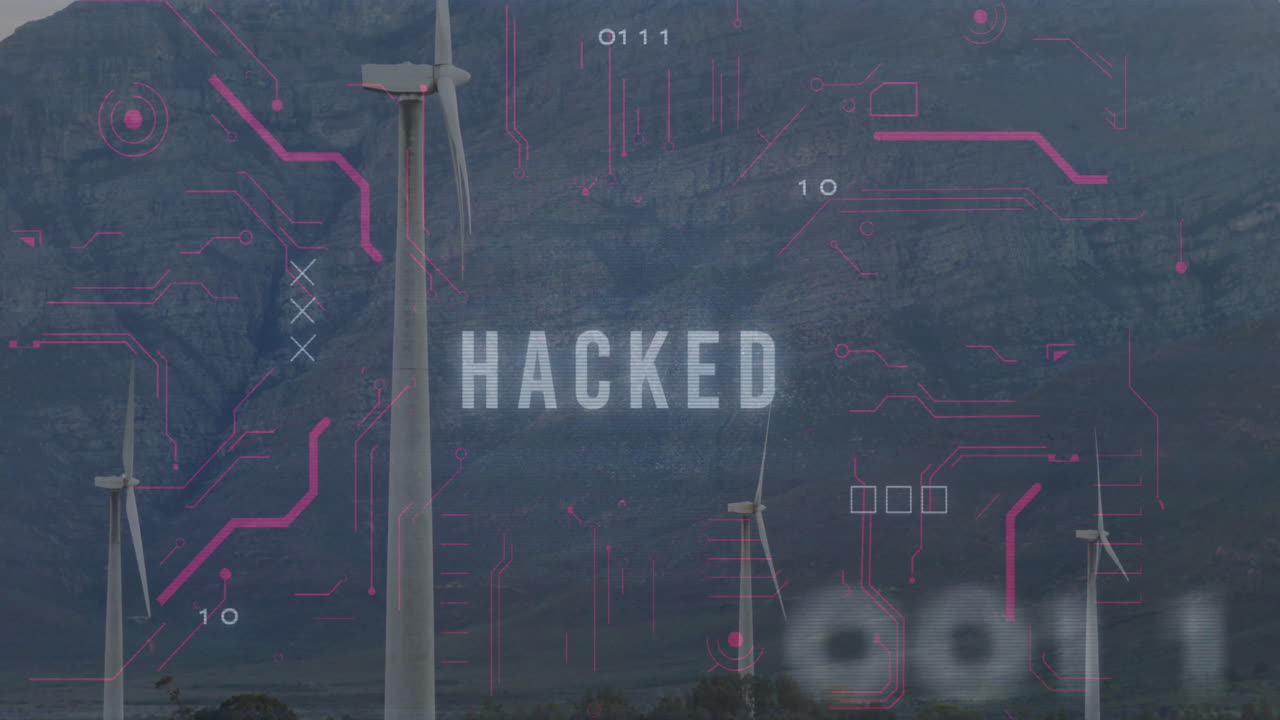 Animation of hacked text overlaying wind turbines in mountainous landscape