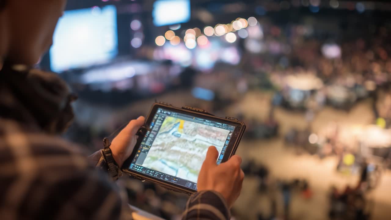 Engaged Viewer Analyzing Digital Map Interface at a Large Event, Observing the Atmosphere and Activity Below While Interacting with Detailed Navigation Software on a Tablet Device