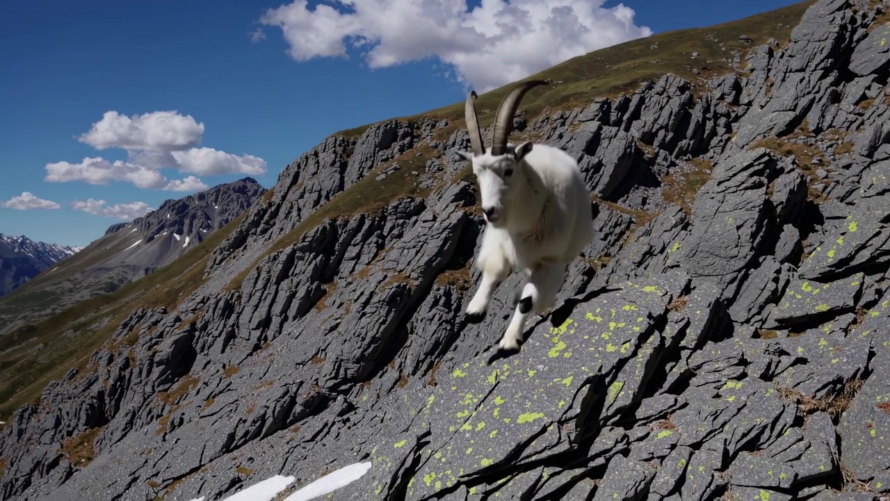Majestetisk fjellgeit klatrer opp en bratt, steinete fjellside
