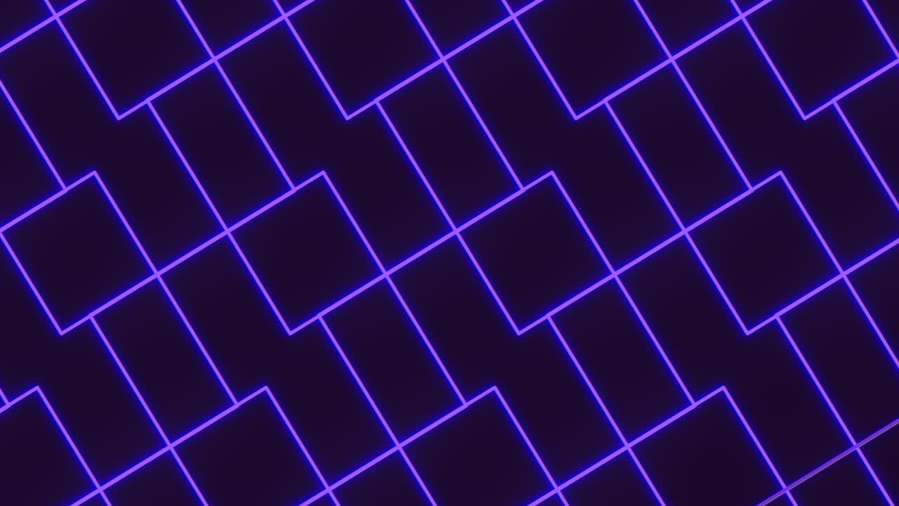 Seamless futuristic neon square grid background with glowing purple lines on a dark surface, ideal abstract footage for technology presentations, music videos, stage screens and digital backdrops