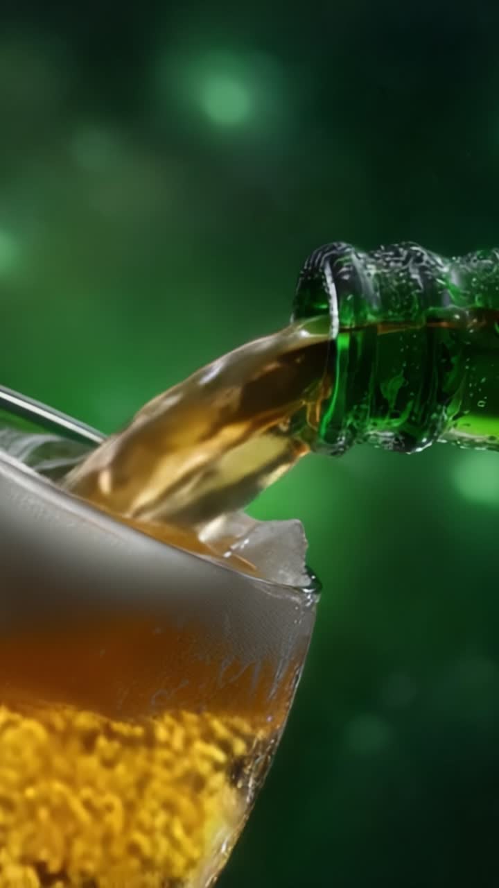 Versamento di una Rinfrescante Bevanda Dorata in un Bicchiere con Ricca Schiuma su Sfondo Verde Tenue, Evidenziando il Flusso e lo Scintillio del Liquido.