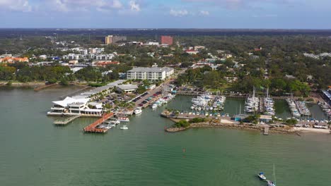 imágenes de drones sobre el centro de dunedin, puerto deportivo de florida con barcos y el golfo de méxico y la bahía de tampa