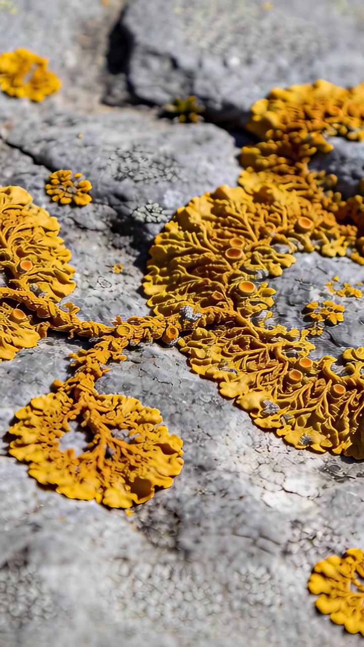Video verticale: Telecamera che si sposta rivelando licheni gialli su una roccia illuminata dal sole per mostrare apoteci e una crepa.