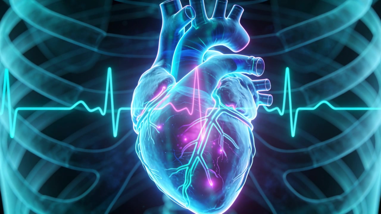 Pulsing stylized heart showing EKG spike causing beat inside 3D ribcage, mapping magenta nodes