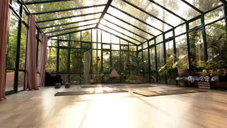 practicing yoga in glass house with mats, surrounded by lush greenery
