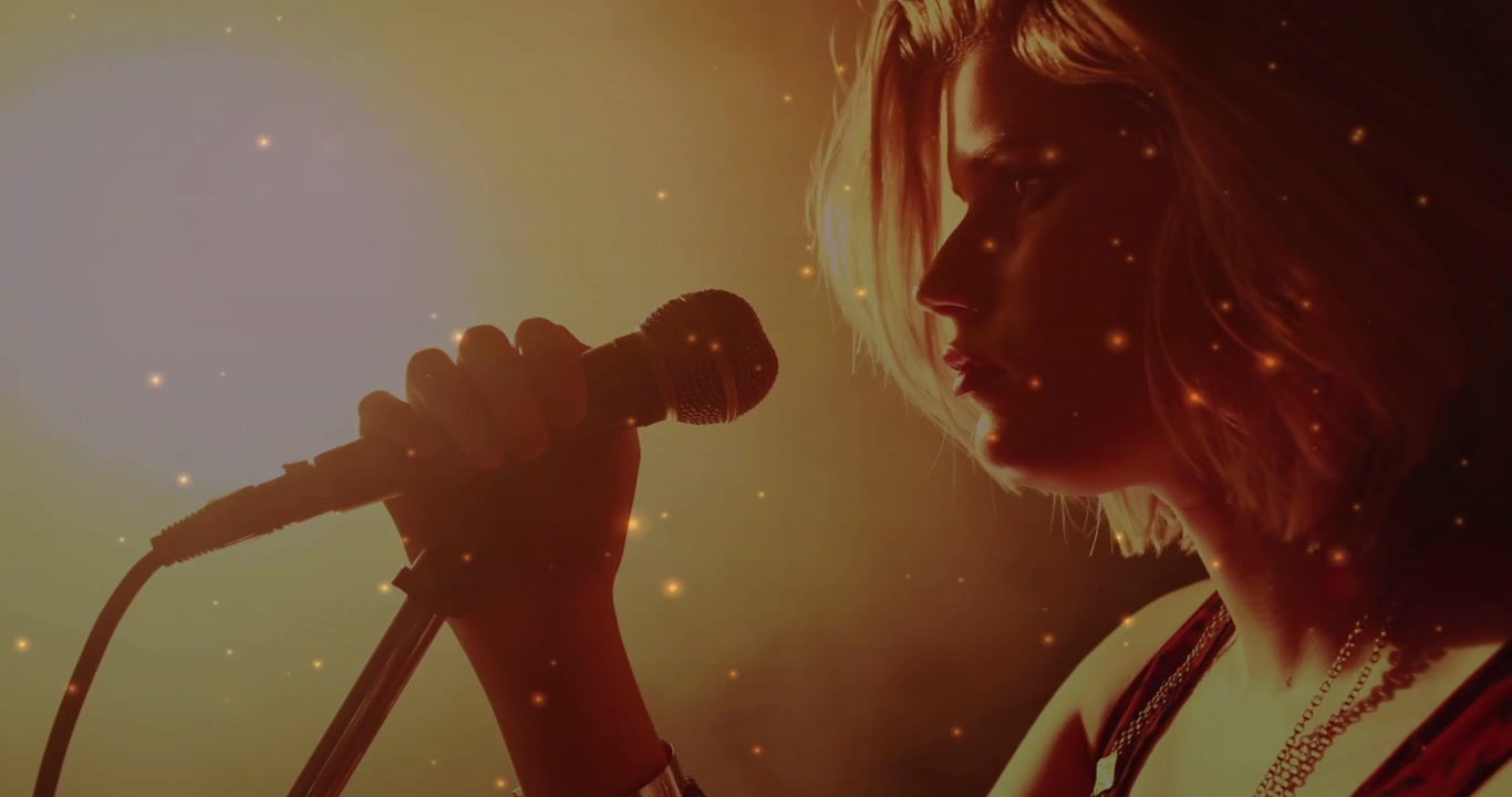 Vertical video: Reaching mic stand, singer singing close-up on stage in tank top, amber-lit haze