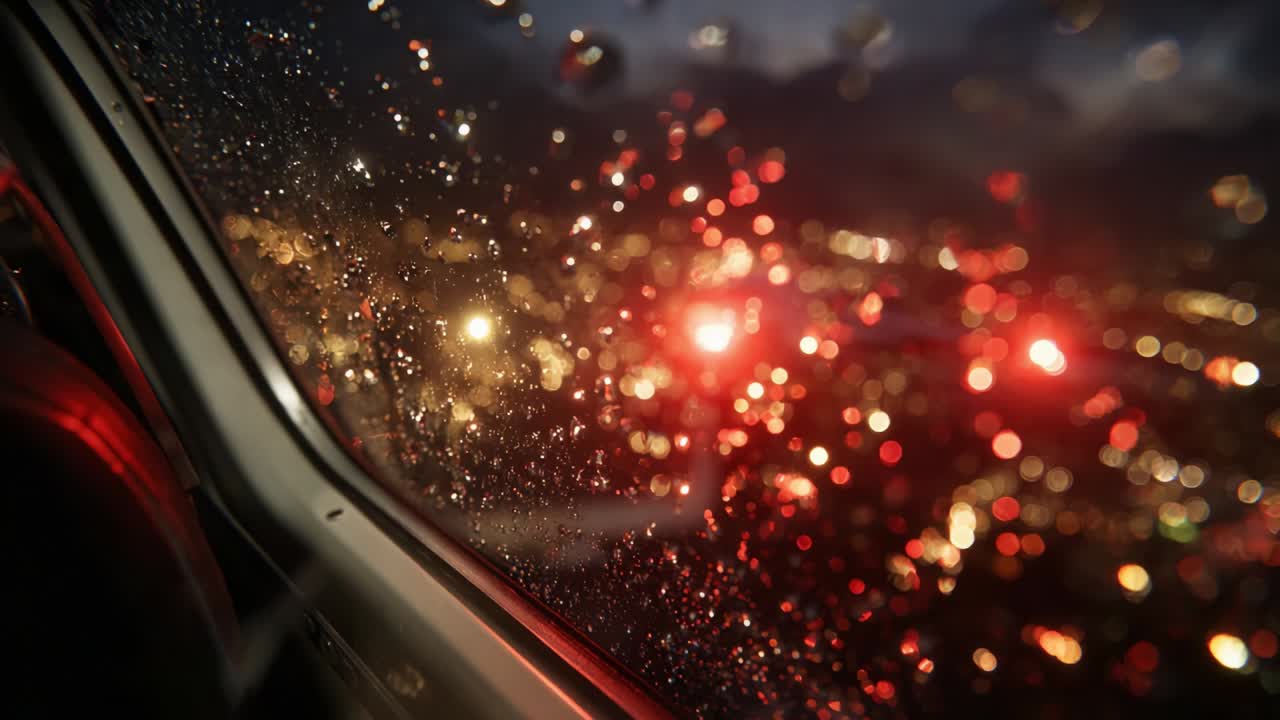 Glistening Raindrops on a Window Pane with a Beautiful Cityscape View at Night, Highlighting the Vibrant Bokeh Lights and Mood Created by Rain and Urban Illumination