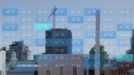 animación del procesamiento de datos financieros sobre el paisaje urbano con edificios