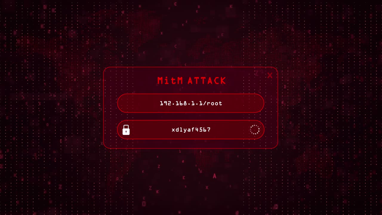 MitM Computer Hacking attack over red binary background with digital world map. MITM system password hacking concept