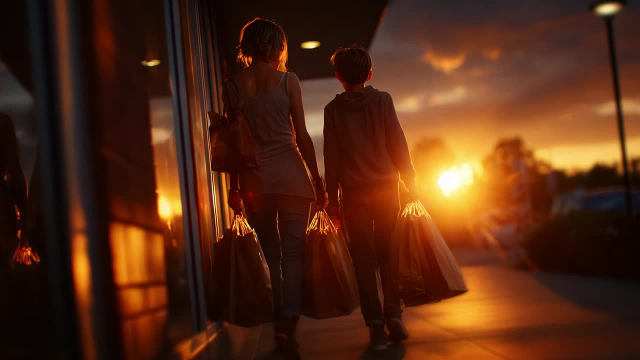 A Heartwarming Sunset Shopping Experience: A Woman and a Boy Stroll Hand-in-Hand with Shopping Bags, Enjoying the Warm Glow of the Setting Sun in a Peaceful Community Atmosphere