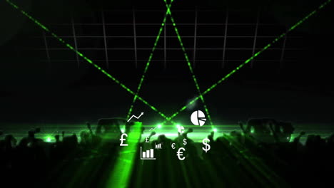 silhouetted concert crowd raising hands, dancing under crisscrossing green laser beams in 3d render