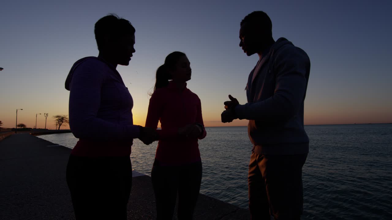 Silhouette di amici multietnici che si riposano in riva al lago.