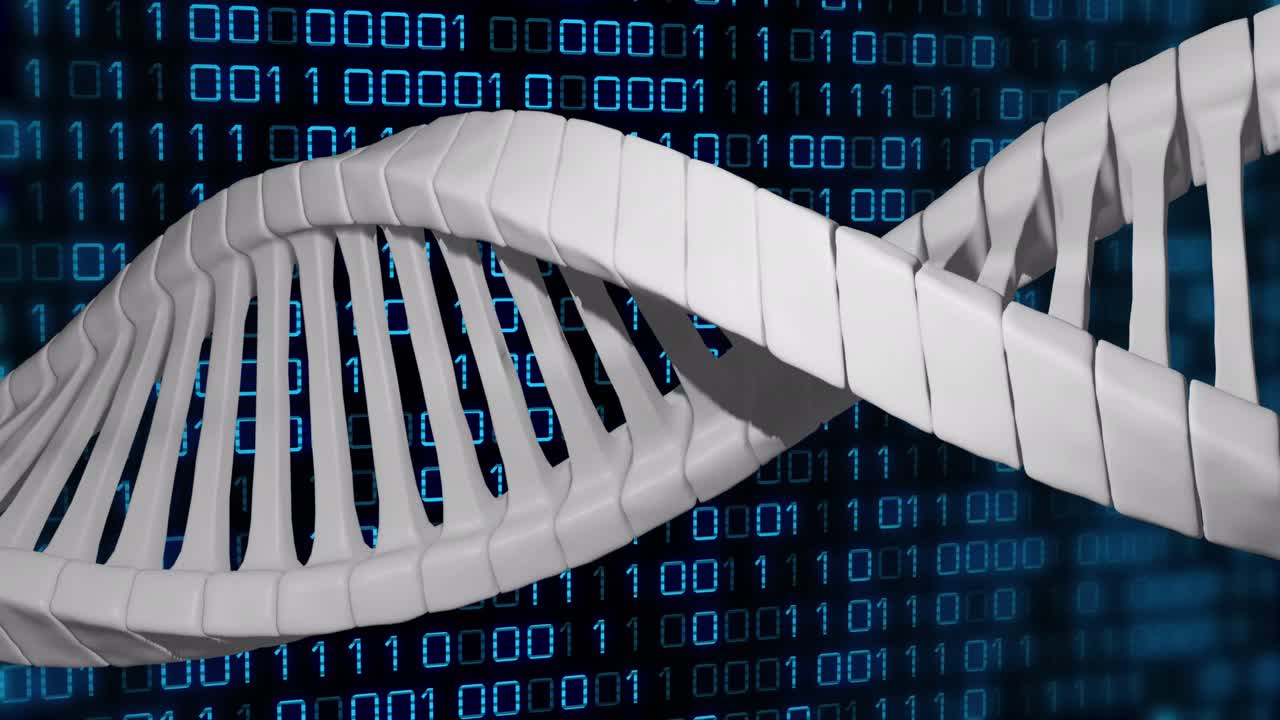 Animation of dna strand over data processing on black background