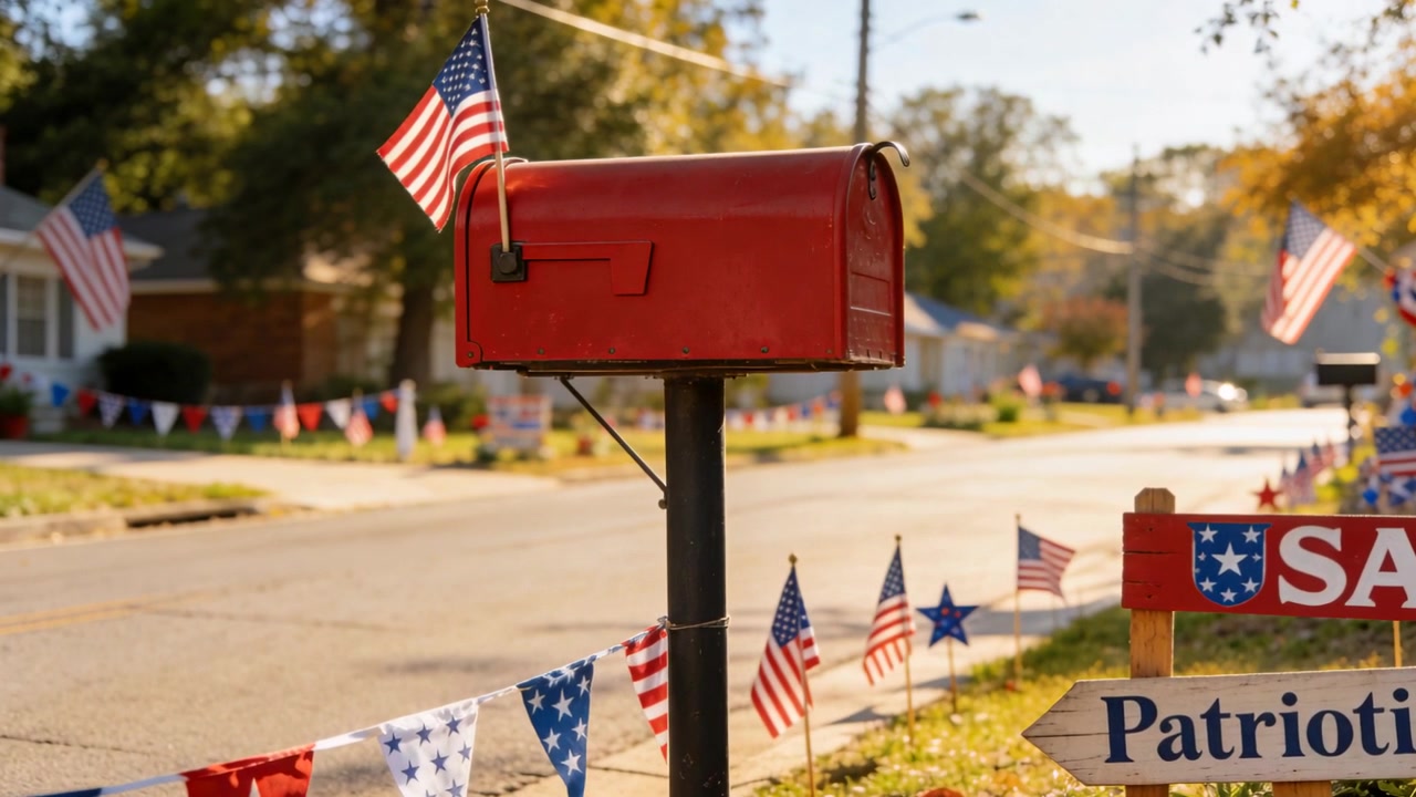 Panning camera to red curb mailbox along street, breeze making flags flutter showing Patriotic sign