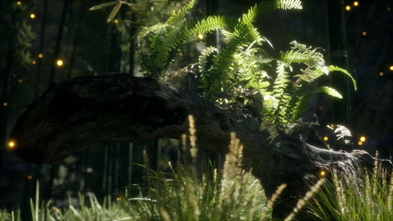 horizontally bending tree trunk with ferns growing, and sunlight shining