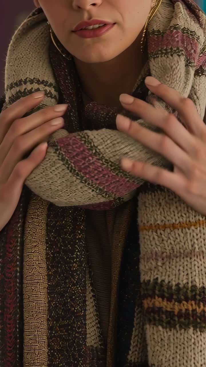 Vídeo vertical: Mulher com brincos de argola ajustando o pescoço, arrumando lenços longos e em laço no estúdio