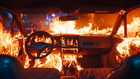 a car is engulfed by flames in the middle of the night