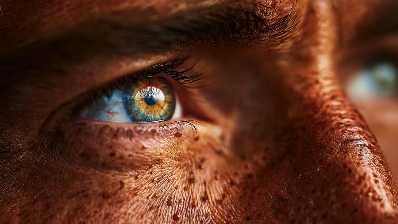Intense Close-Up of a Human Eye Capturing Intricate Details, Featuring Unique Freckles, Vivid Colors, and Powerful Expressions that Reflect a Deep Emotional Connection