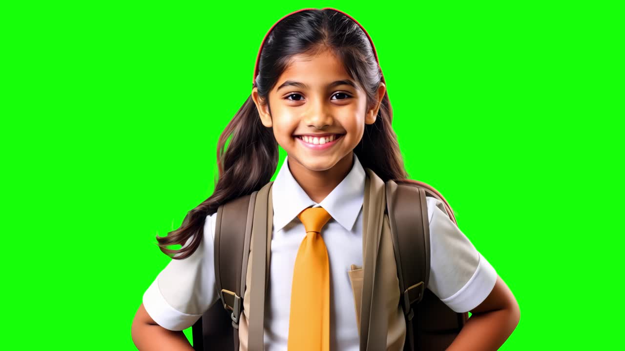 Indian school girl animation, transparent 4K video, green screen