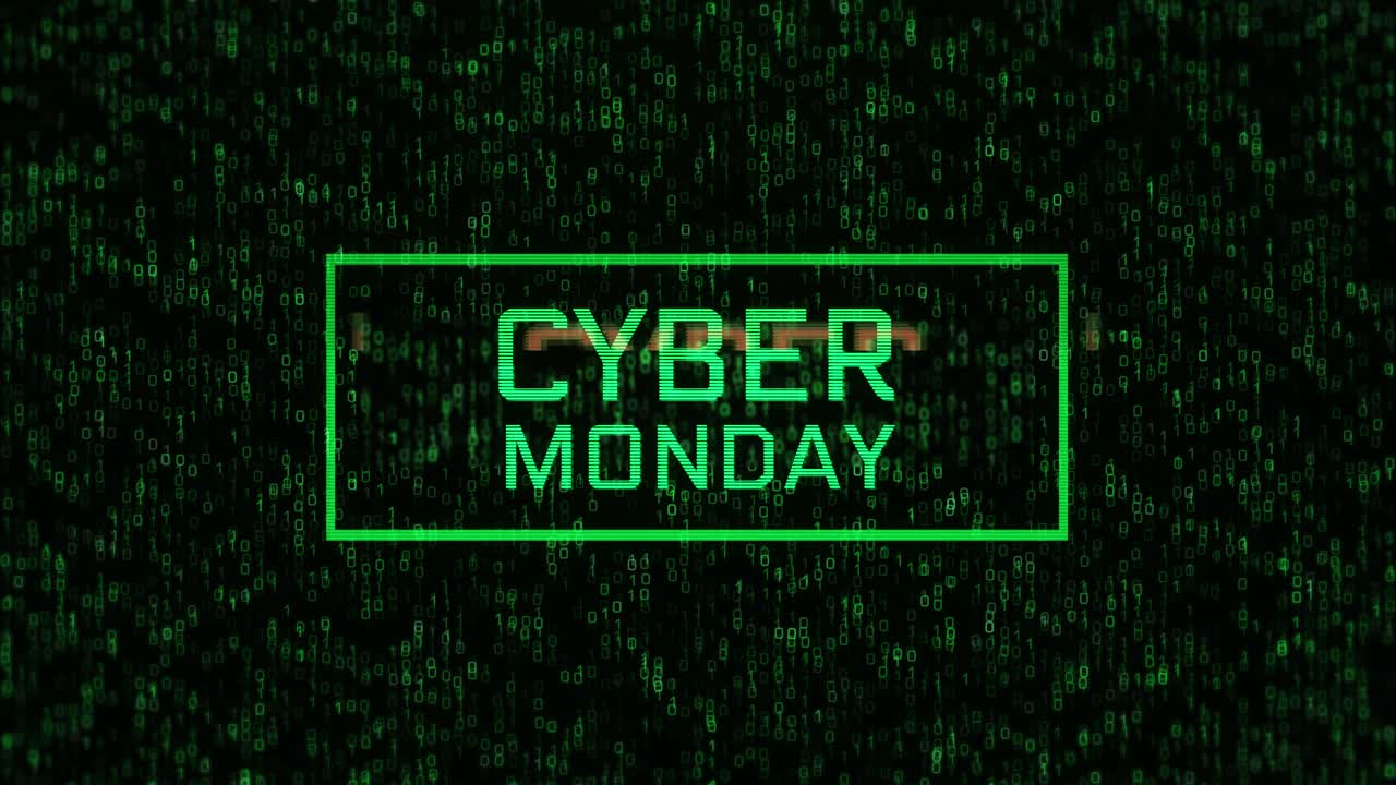 Grøn Cyber Monday-tekst med digital binær kodebaggrund