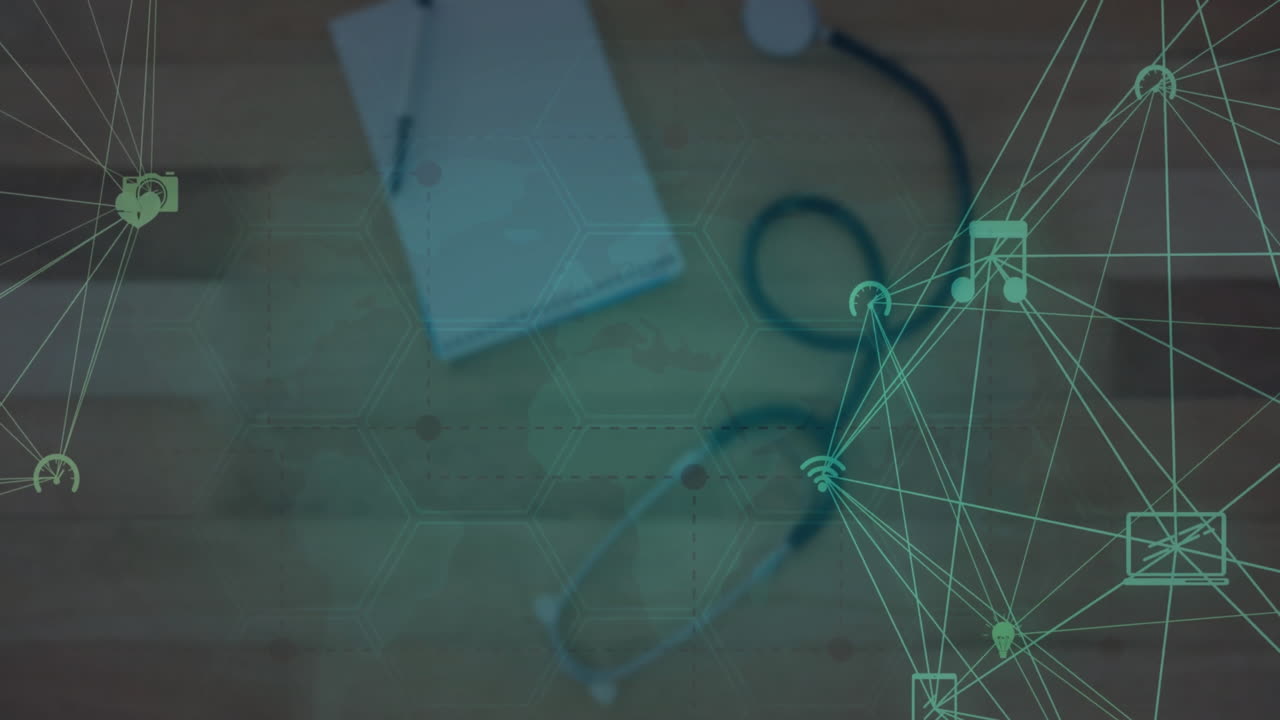 animación de la red de conexiones con iconos sobre el estetoscopio