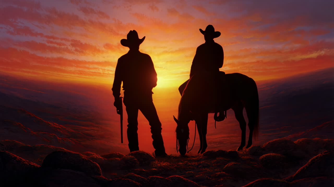 Western Sunset: Cowboys and Horse Silhouette