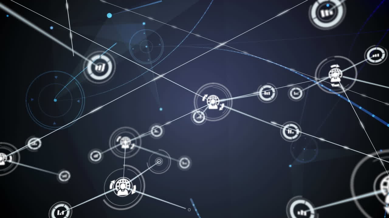 animación de redes de conexiones con iconos sobre fondo negro