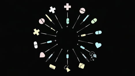 abstract radial design with medical and technology symbols