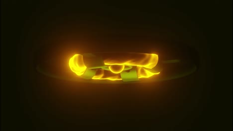 brillantes formas circulares de fuego brillante dentro de anillo de metal negro. diseño. núcleo de combustión giratorio rodeado por anillo de energía en un fondo negro, bucle sin costuras.
