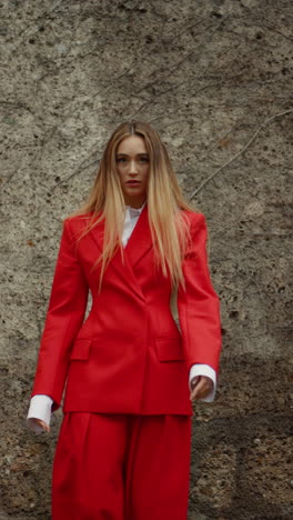 woman in a red suit