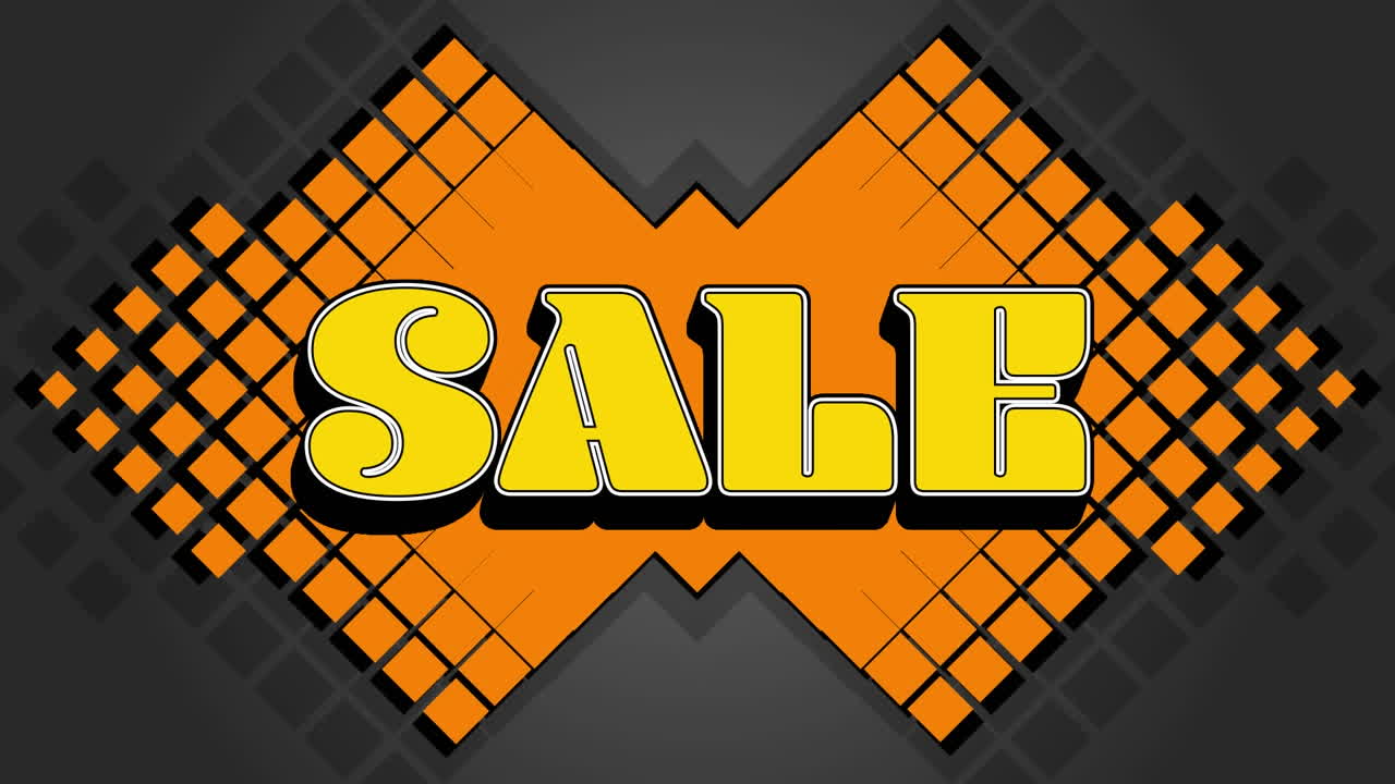 animación del texto de venta sobre la forma naranja sobre fondo oscuro