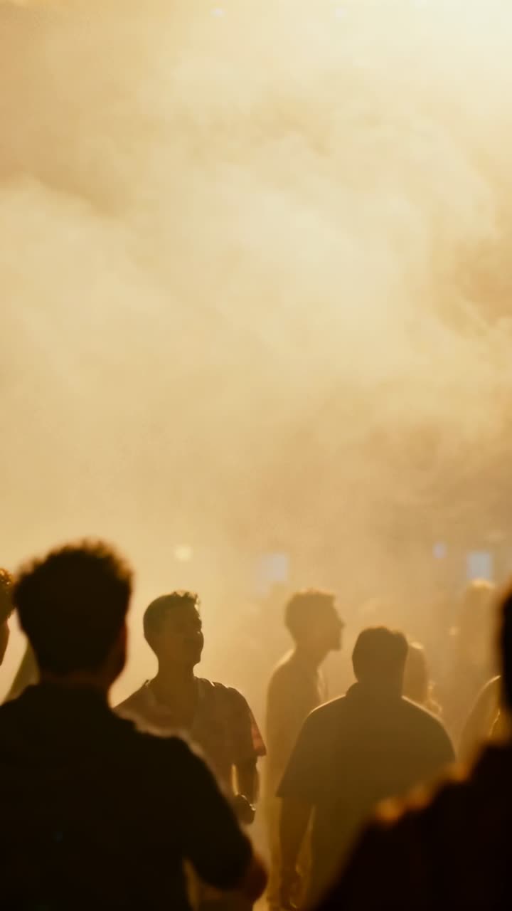 Video verticale: Folla che balla, che risponde a luci ambrate a un concerto, alzando le mani in mezzo a fumo denso.