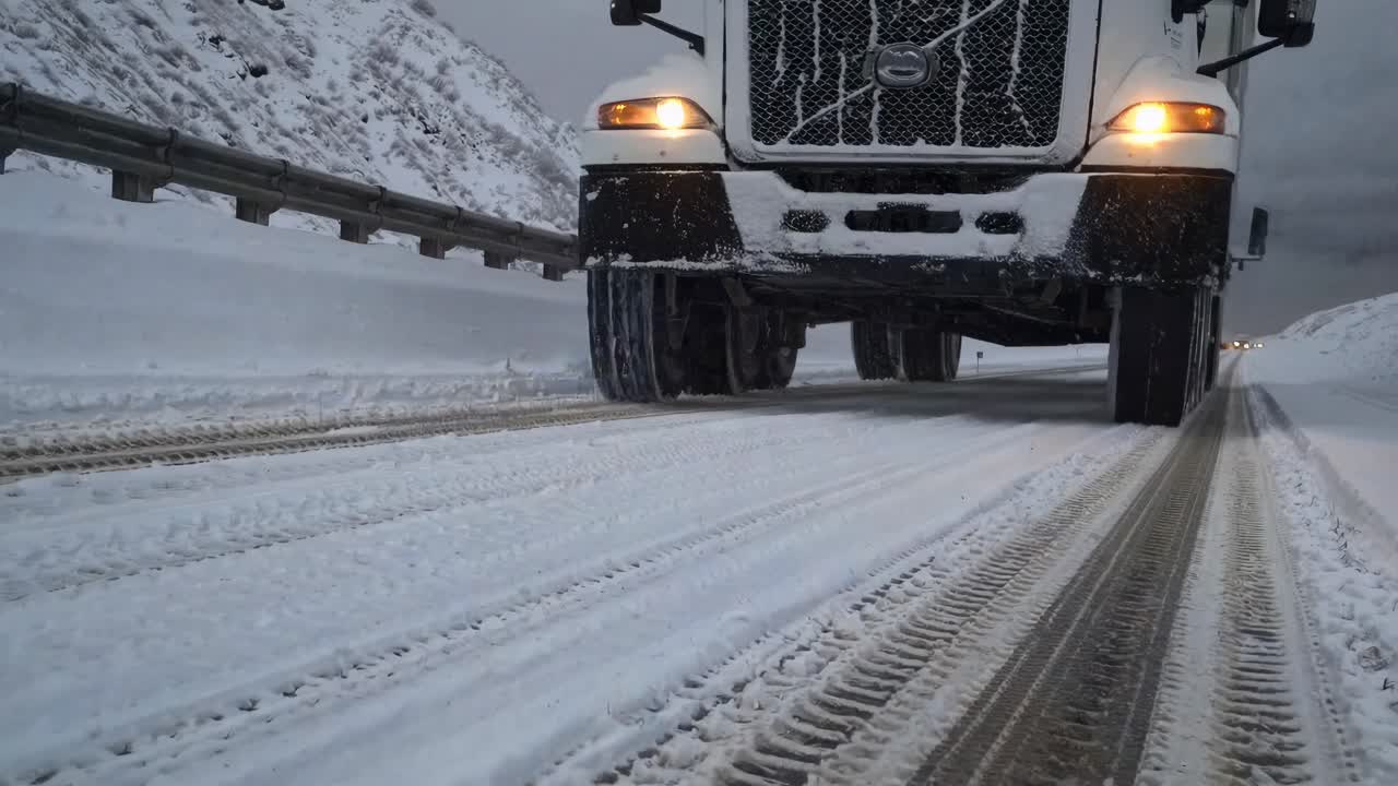 Multiple low angle views of a white semi truck driving on a snowy highway, demonstrating the challenges of winter trucking and transportation