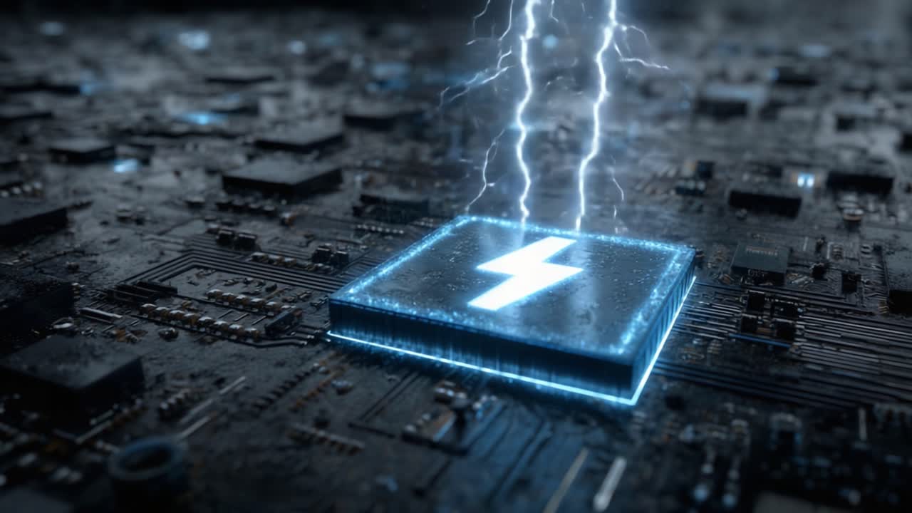 A striking visuals of a glowing circuit board with lightning effects showcasing the power and energy flowing through a microchip in a digital landscape