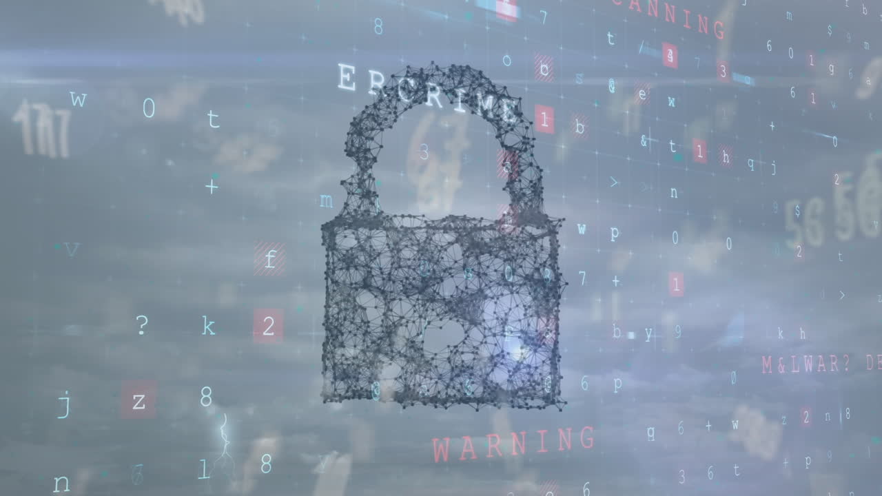 ⁇ 락 아이콘의 애니메이션과 구름이 있는 하늘 위의 사이버 공격