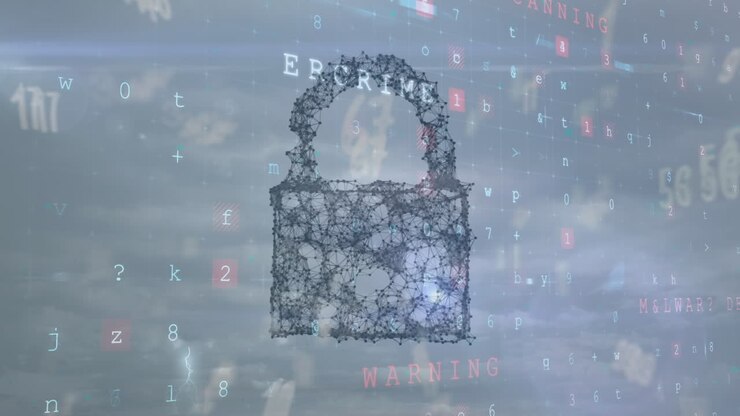 Animation of padlock icon and cyber attack over sky with clouds