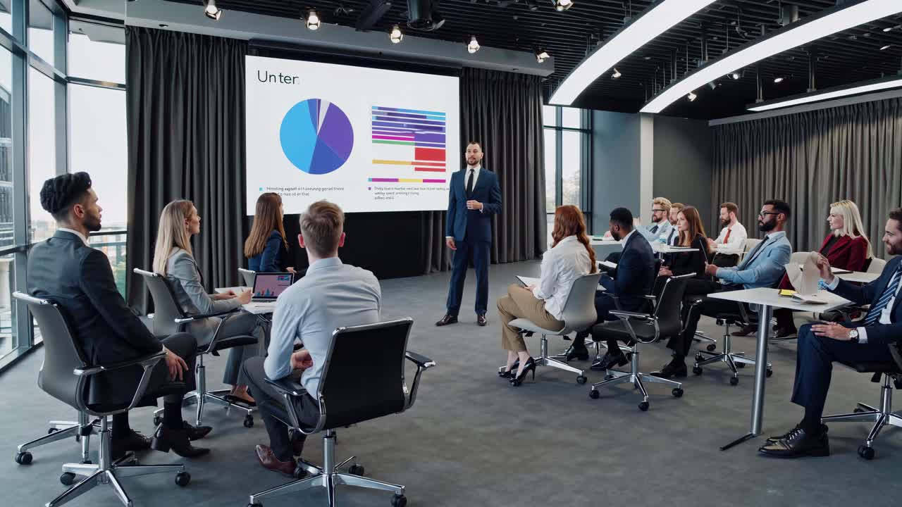 Business meeting in a modern conference room, shot from a wide-angle