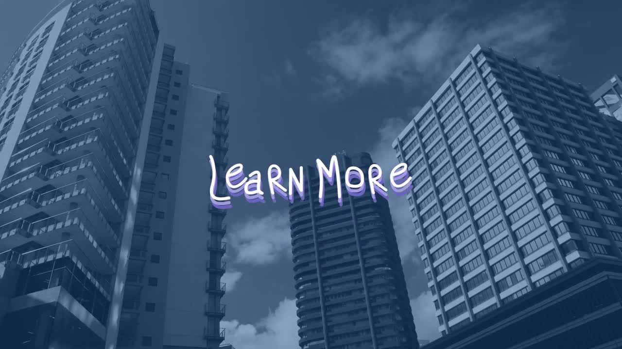 Animation of learn more text over cityscape