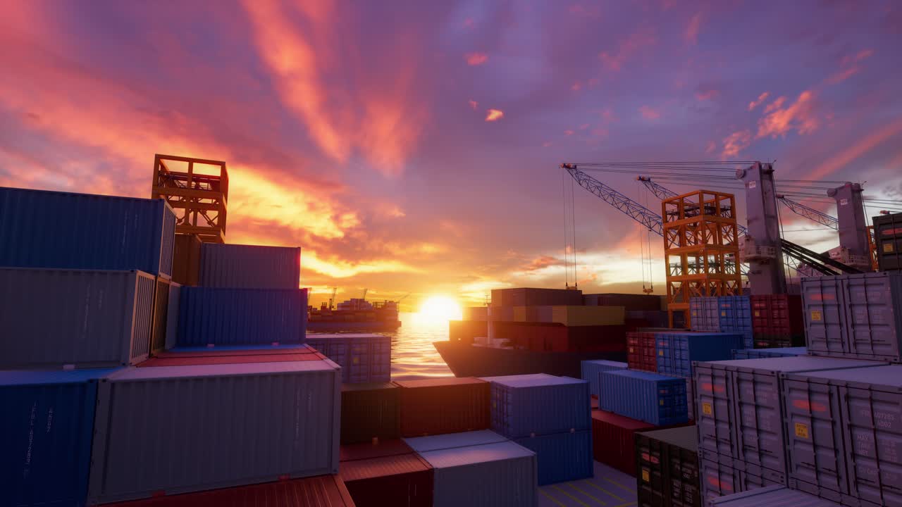 contenedores de envío en puerto con puesta de sol