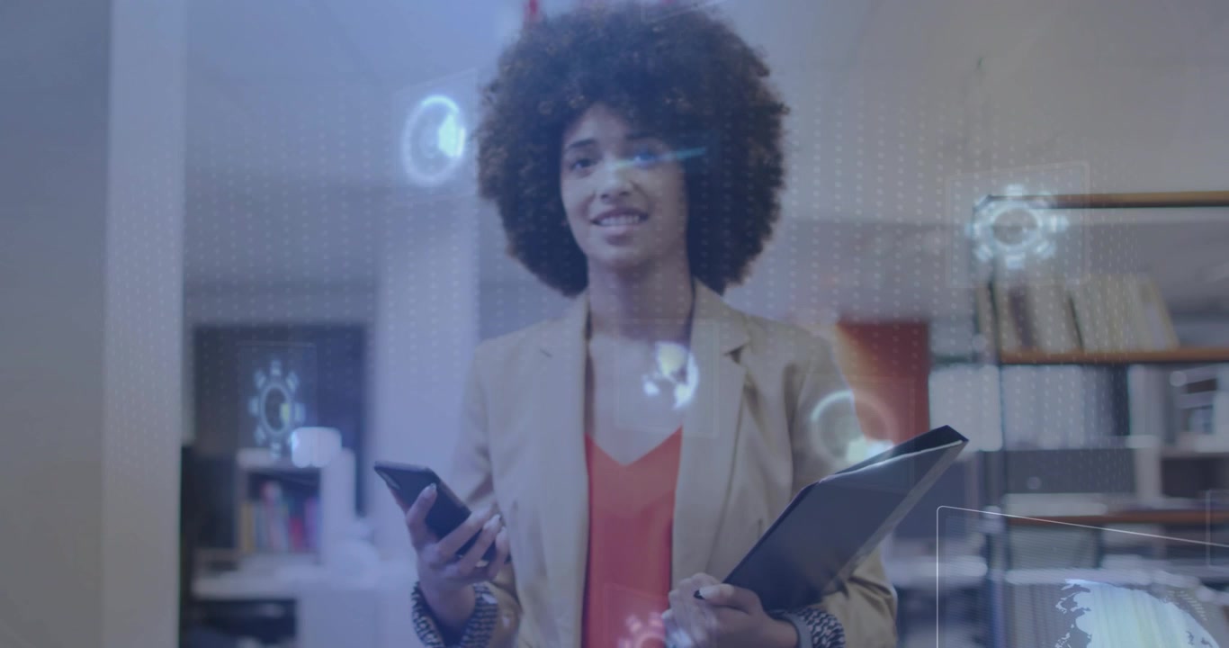 Woman walking business checking phone updates, scrolling and causing AR overlay appearing on glass