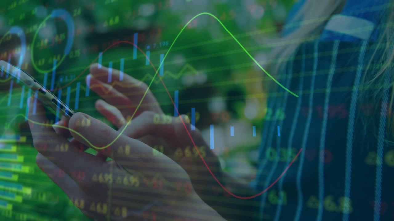 Woman tapping phone, swiping to view finance data, animated candlestick charts and tickers moving
