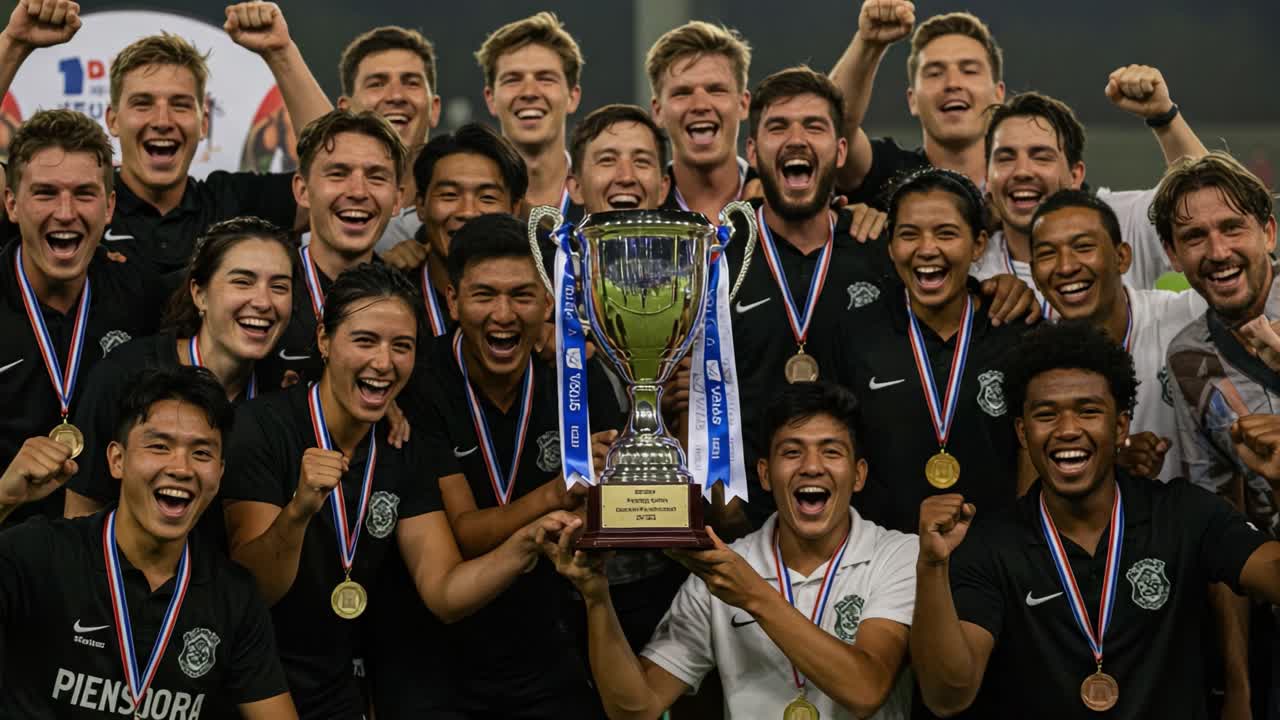 Celebrating Together: A Thrilling Victory of Team Spirit and Unity as Players Joyously Hold the Championship Trophy after a Gripping Match