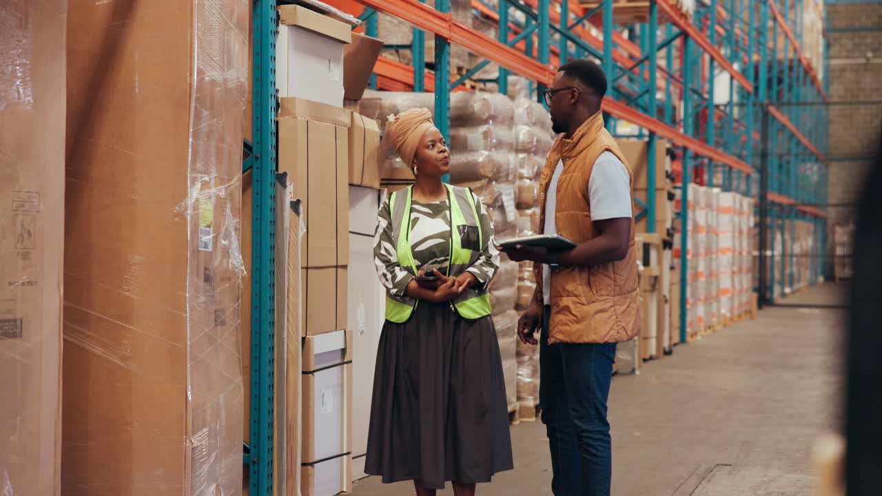 Warehouse Employees Inspecting Stock and Discussing Logistics