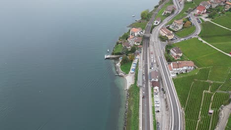 aerial push in: geneva lake in an alpine region, lavaux vineyards shore