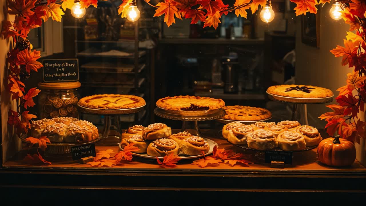 A Cozy Bakery Display Showcasing a Variety of Delectable Desserts Including Pies and Cinnamon Rolls Surrounded by Autumn Leaves and Soft Lighting